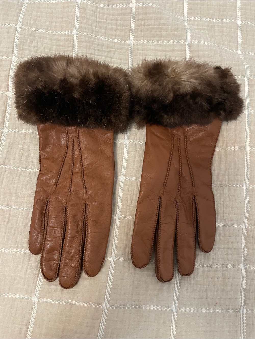 Nordstrom Brown Leather Gloves Rabbit Fur Trim Size 8.5